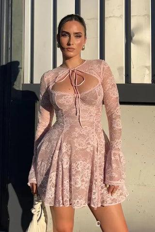 A-Line Contrast Lace Mini Dress w/ Detachable Shrug