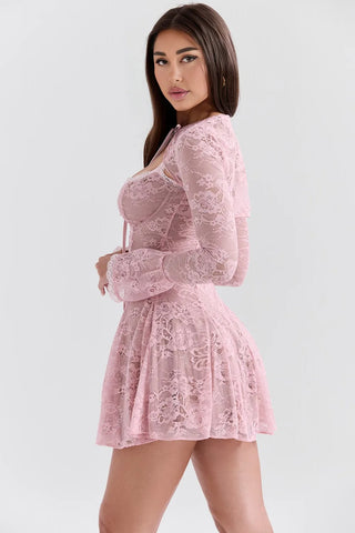 A-Line Lace Mini Dress, Corset Skater Dress w/ Detachable Shrug