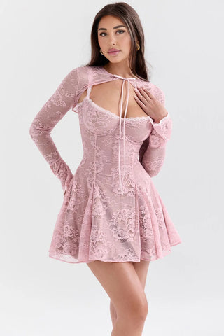 A-Line Lace Mini Dress, Corset Skater Dress w/ Detachable Shrug