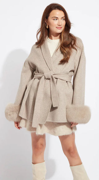 Women Autumn Faux Fur Wrap Coat, Belted Wool Winter Coat 
