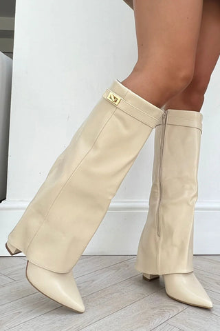 Beige Fold Over Knee High Boots