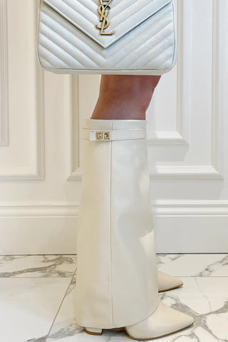 Beige Pointy Knee High Boots