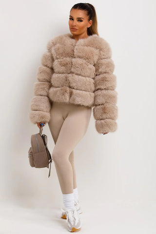 Short Faux Fur Bubble Jacket, Plush 5-Tier Winter Coat