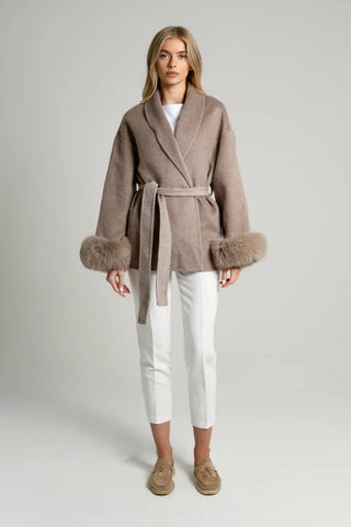 Women’s Autumn Faux Fur Wool Coat, Belted Winter Coat