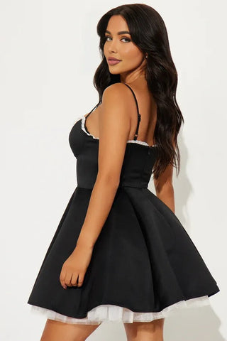 Deep-V Velvet Corset Dress, Spaghetti Strap Flare Mini Dress