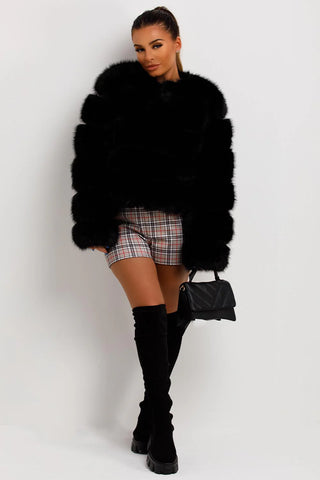 Short Faux Fur Bubble Jacket, Plush 5-Tier Winter Coat