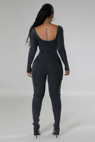 Ribbed Mineral Wash Jumpsuit, Long Sleeve Cargo Jumpsuit