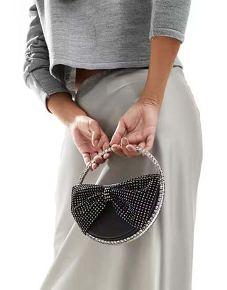 Round Rhinestone Bow Clutch Bag, Sparkly Mini Purse
