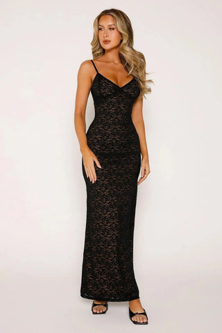 Spaghetti Straps Deep-V Contrast Lace Maxi Dress