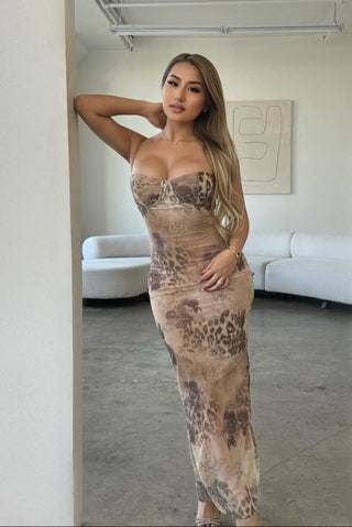 Leopard Print Lace Up Bodycon Maxi Dress