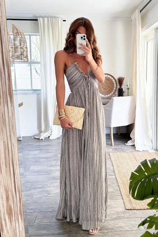 Flowy Boho Halter Maxi Dress, Long Pleated Sundress With Back Tie