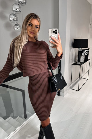 Two Piece Knitted Dress Set, Ribbed Midi Dress with Cropped Sweater