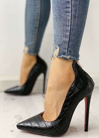 Croc Print Stiletto Heels, Pointed Toe Zip Up Pumps