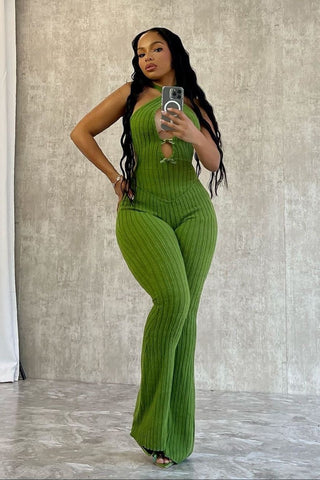 Knitted Cutout Halter Jumpsuit with Flared Bottom