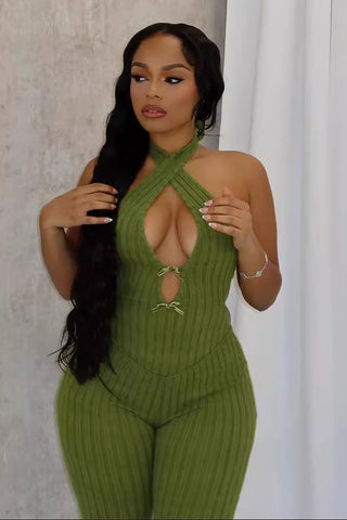 Knitted Cutout Halter Jumpsuit with Flared Bottom