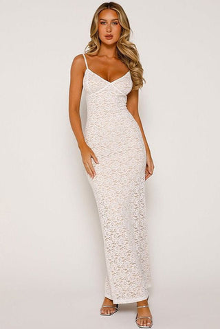 Deep-V Contrast Lace Maxi Dress