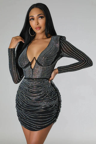 Long Sleeve Sparkly Mini Dress, Plunge Sparkly Ruched Dress