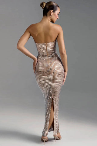 Embellished Maxi Dress, Strapless Rhinestone Bodycon Dress