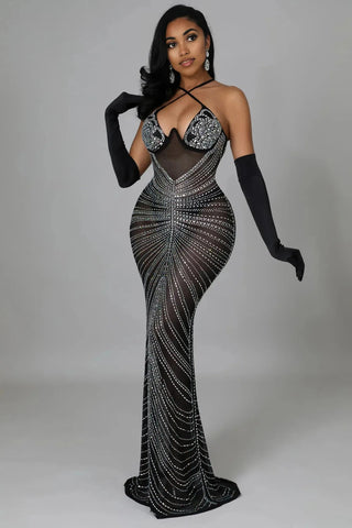 Embellished Rhinestone Evening Gown, Sparkly Mesh Maxi Dress