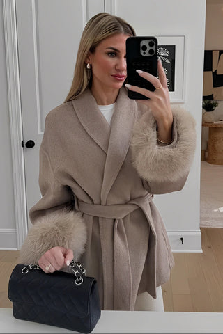 Short Faux Fur Wrap Coat, Belted Winter Coat
