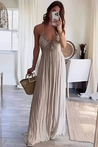 Flowy Boho Halter Maxi Dress, Long Pleated Sundress With Back Tie