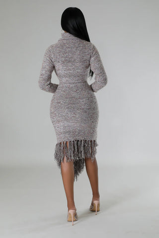 Long Sleeve Fringe Sweater Dress, High Neck Knit Fringe Dress Fall