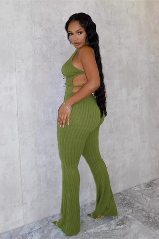 Knitted Cutout Halter Jumpsuit with Flared Bottom