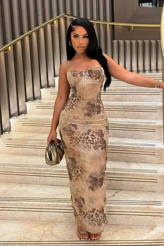 Leopard Print Lace Up Bodycon Maxi Dress