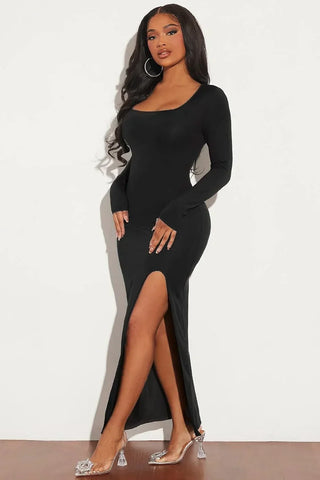 Long Sleeve Bodycon Dress, High Slit Maxi Dress