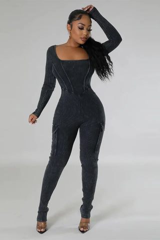 Ribbed Mineral Wash Jumpsuit, Long Sleeve Cargo Jumpsuit