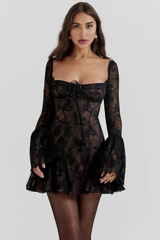 A-Line Long Sleeve Flute Sleeves Lace Mini Dress