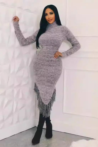Long Sleeve Fringe Sweater Dress, High Neck Knit Fringe Dress Fall