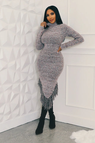 Long Sleeve Fringe Sweater Dress, High Neck Knit Fringe Dress Fall