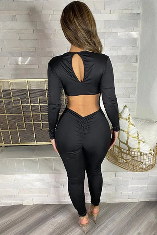 Long Sleeve Plunging Jumpsuit, Crisscross Open Back Jumpsuit