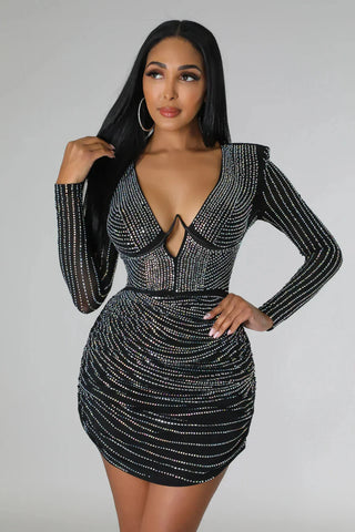 Long Sleeve Sparkly Mini Dress, Plunge Sparkly Ruched Dress