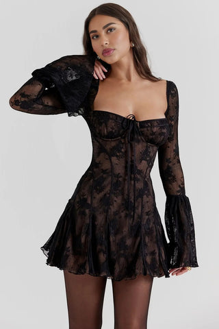 A-Line Long Sleeve Flute Sleeves Lace Mini Dress