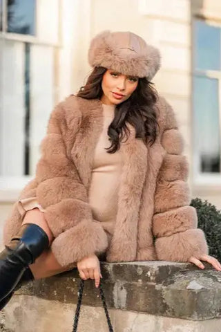 Vertical Tier Oversized Faux Fur Coat, Luxury Women’s Furry Coat