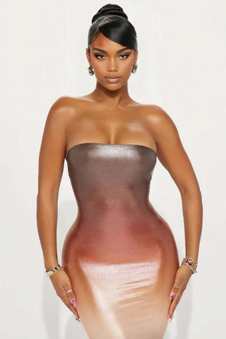 Metallic Ombre Strapless Maxi Dress, Long Bodycon Dress