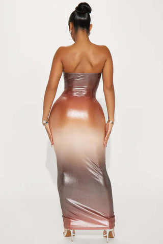 Metallic Ombre Strapless Maxi Dress, Long Bodycon Dress