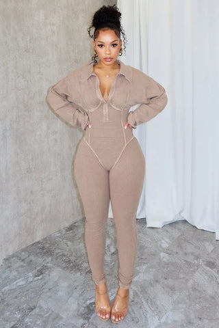 Mineral Wash Corset Jumpsuit,  Long Sleeve Ribbed Jumpsuit Outfit