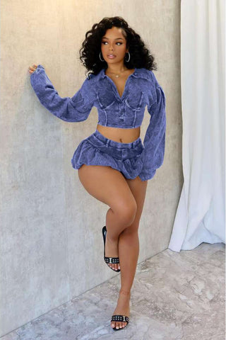 Mineral Wash Plunging Crop Top & Pleated Mini 