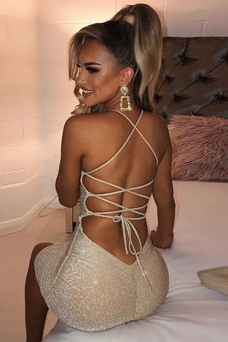 Sparkly Mini Dress, Glitter Party Dress, Ruched Bodycon For Night Out