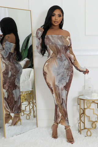 Tie dye Long Sleeve Off-Shoulder Bodycon Maxi Dress