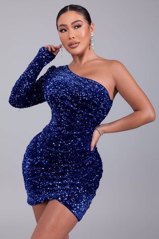 One Shoulder Sequins Mini Dress, Sparkly Ruched Cocktail Dress