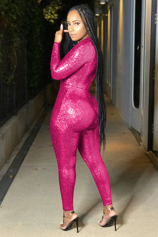 Long Sleeve Metallic Plunging Jumpsuit Outfit