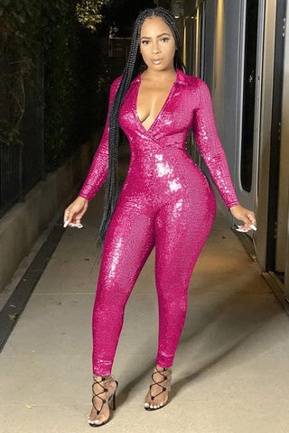 Long Sleeve Metallic Plunging Jumpsuit Outfit