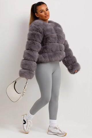 Short Faux Fur Bubble Jacket, Plush 5-Tier Winter Coat