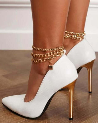 Pointy High Heels w/ Gold Ankle Strap, Pointed Toe Stilletto Pumps