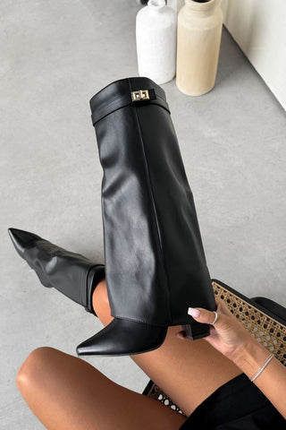 Pointy Knee High Block Heel Boots 3.5"