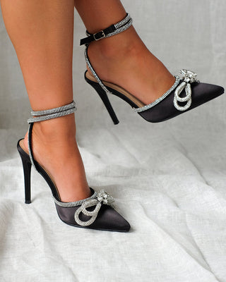 Pointy Toe Bowtie Embellished Rhinestone Lace Up High Heels 4"